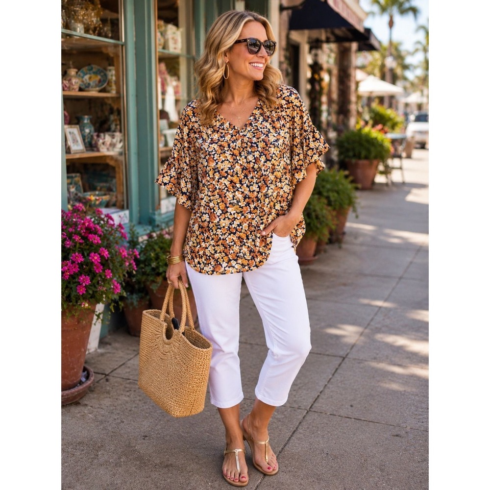 Pleione XL Navy Floral Ruffle Sleeve Blouse | Women's Lightweight Boho Top